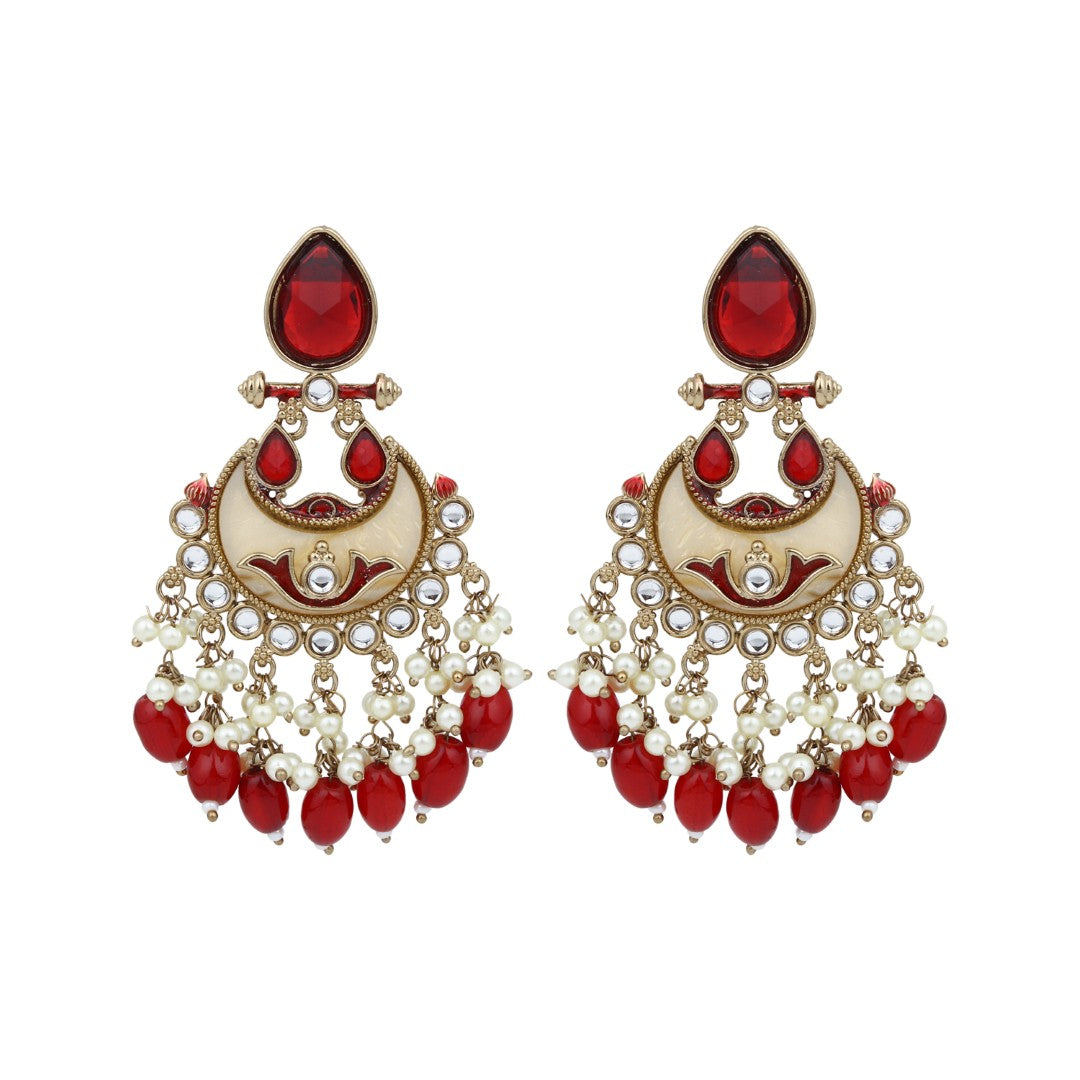Gold-Plated Meenakari Chandbali Earrings with Kundan & Pearl Drops - Red