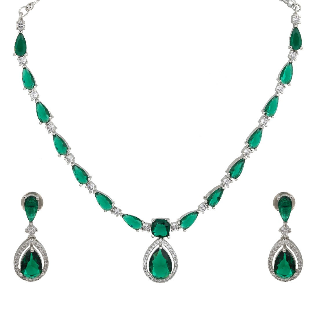 Silver-Tone Emerald Green Teardrop Necklace Set