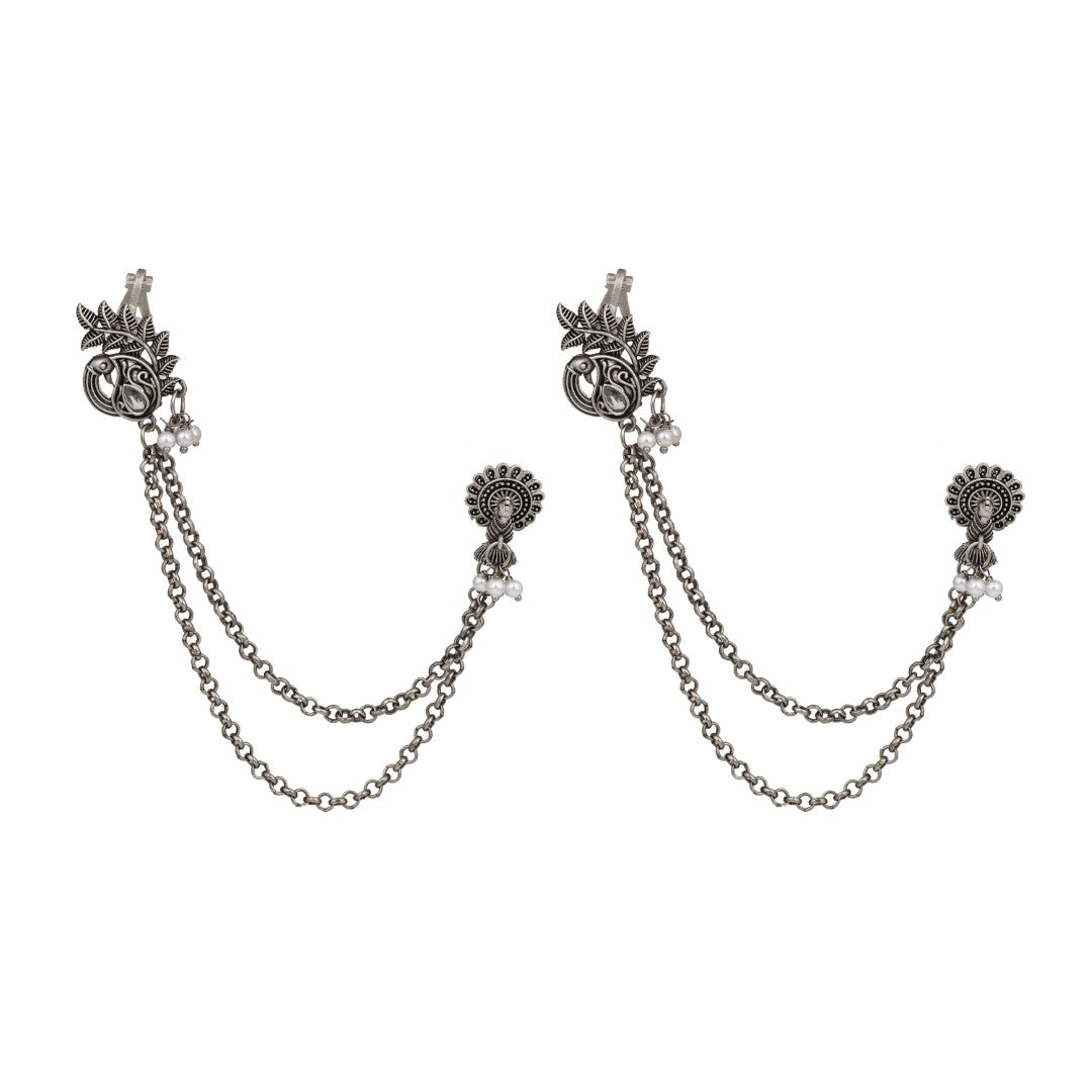 Oxidised Silver Peacock Ear cuff with Chains