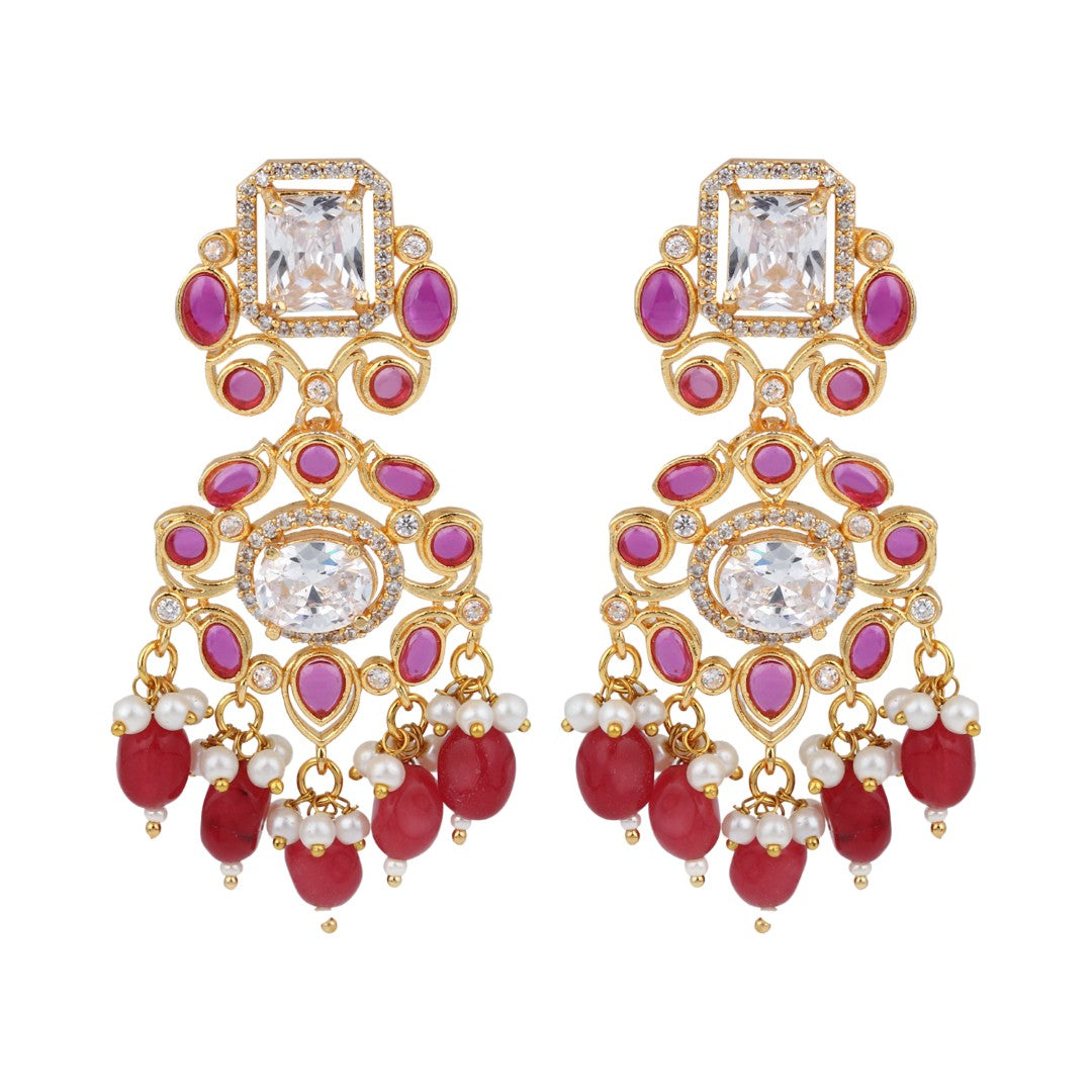 Gold plated Kundan & AD stone chandbali bali - Red