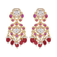 Gold plated Kundan & AD stone chandbali bali - Red