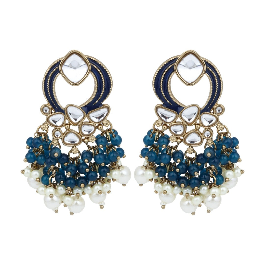 Gold-Plated Meenakari Stud Earrings with Kundan & Pearl Cluster drops - Blue