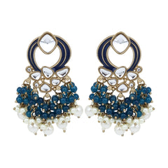 Gold-Plated Meenakari Stud Earrings with Kundan & Pearl Cluster drops - Blue