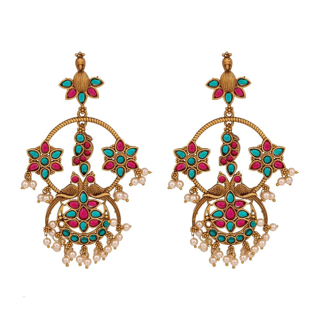 gold plated contemporary Chandbali with Multi coloured stones
