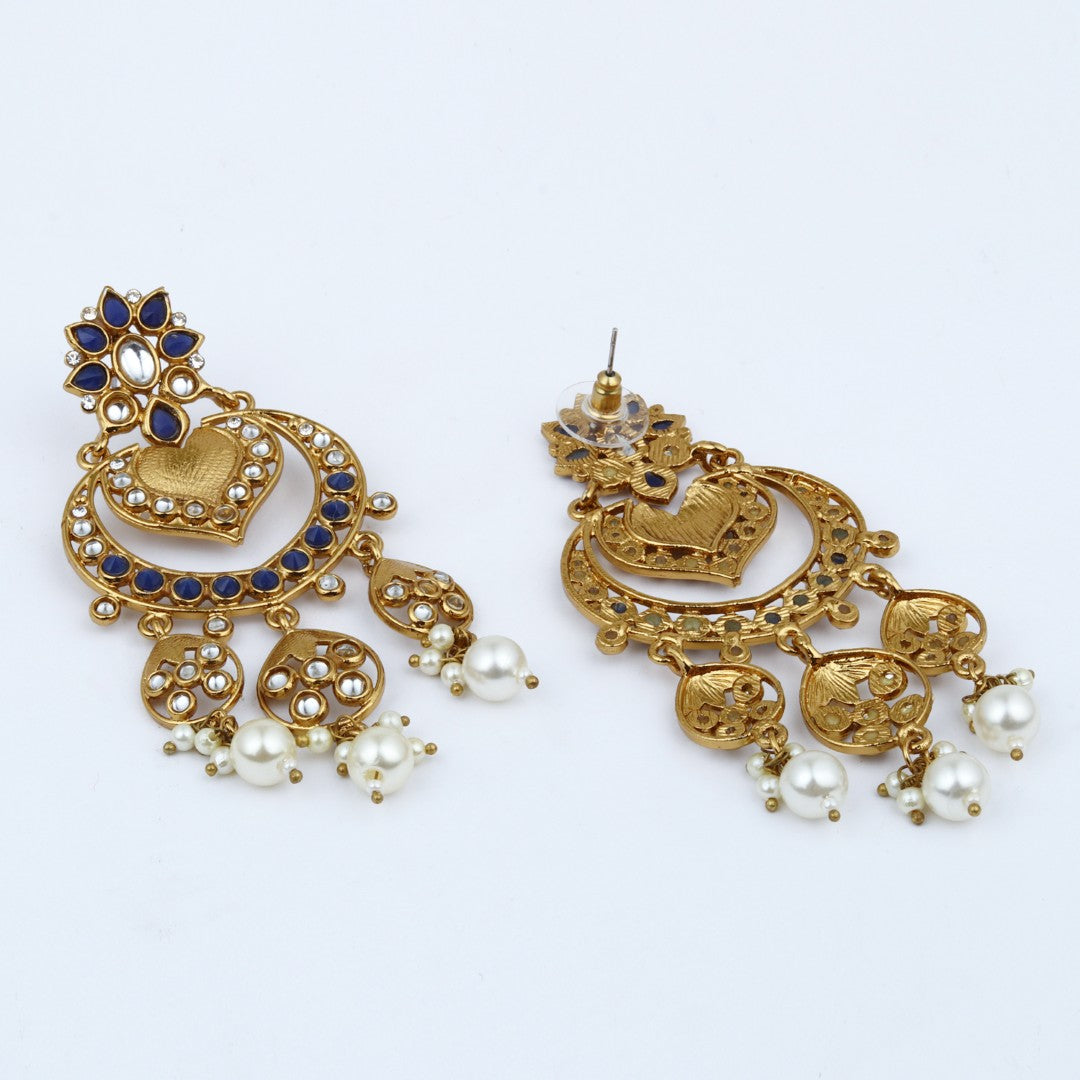 Anaiah Blue Kundan Chandbali Earrings with Pearl Drops