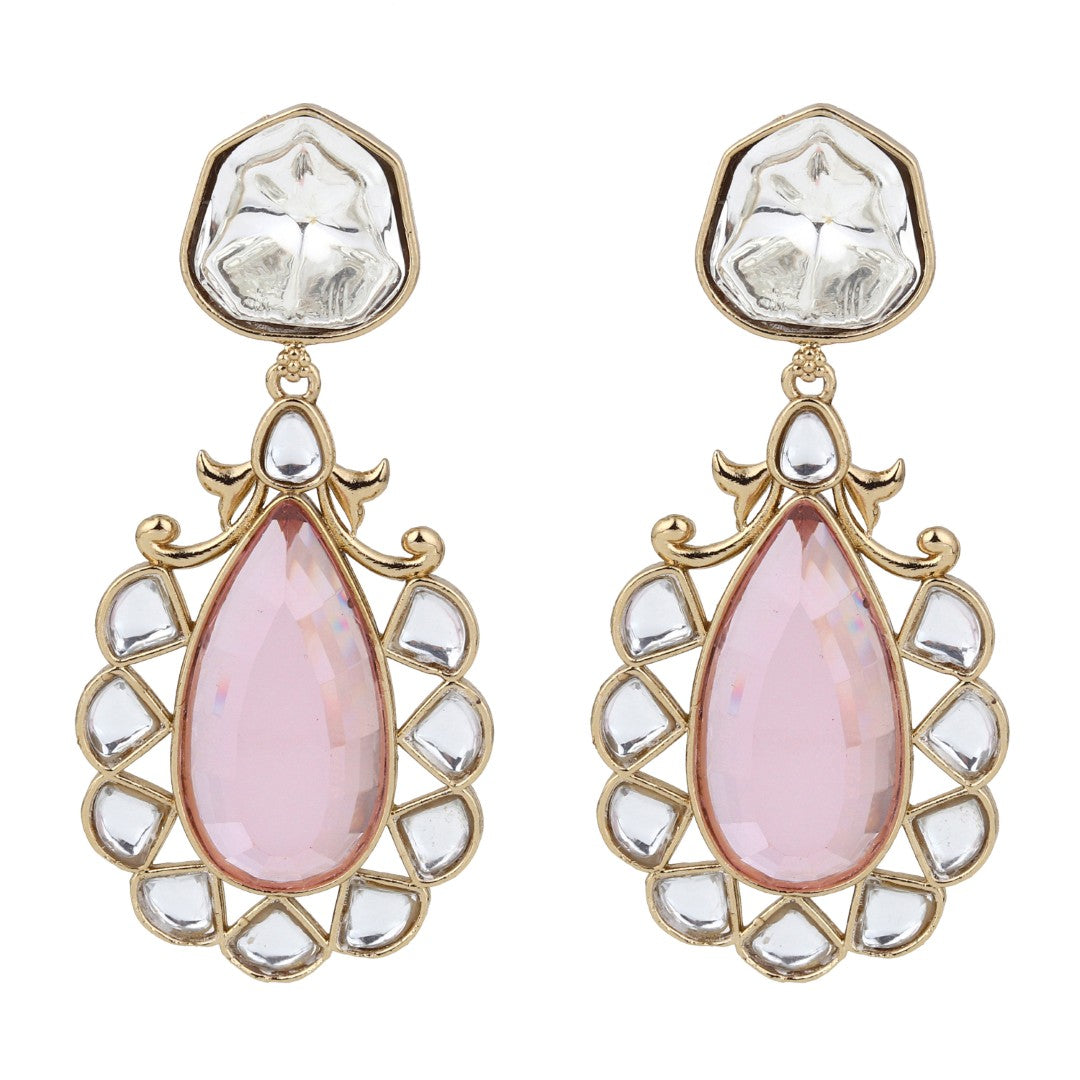 Gold-Plated Pink Kundan Teardrop Earrings for Women