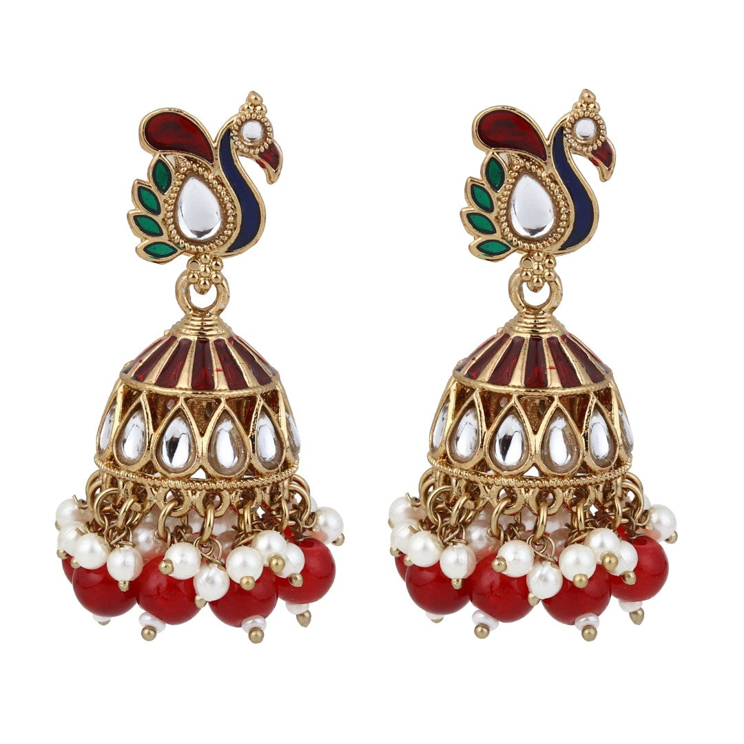 Peacock-inspired jhumka earrings- Red