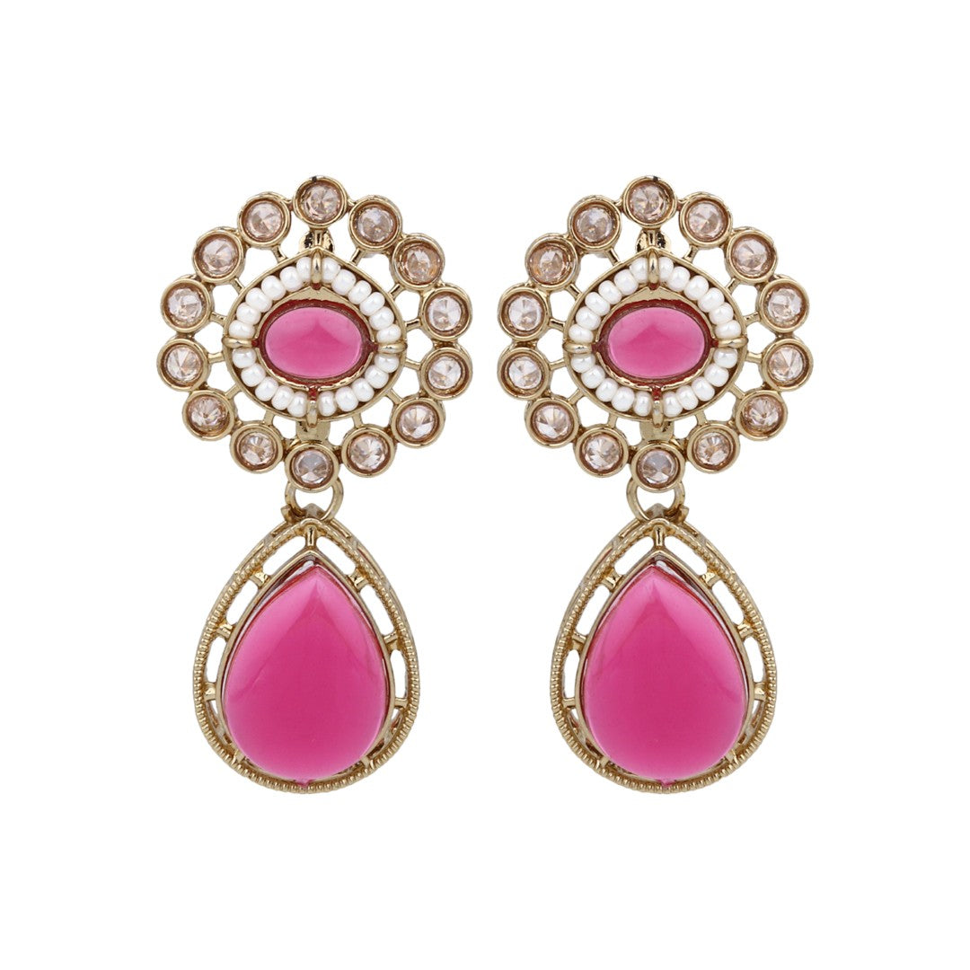Gold plated Flower Stud with tear drop earring - Pink