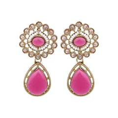 Gold plated Flower Stud with tear drop earring - Pink
