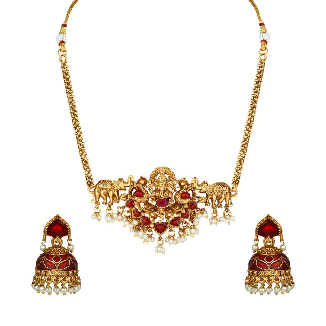 Traditional Temple Lord ganesha Necklace Set with Earrings
