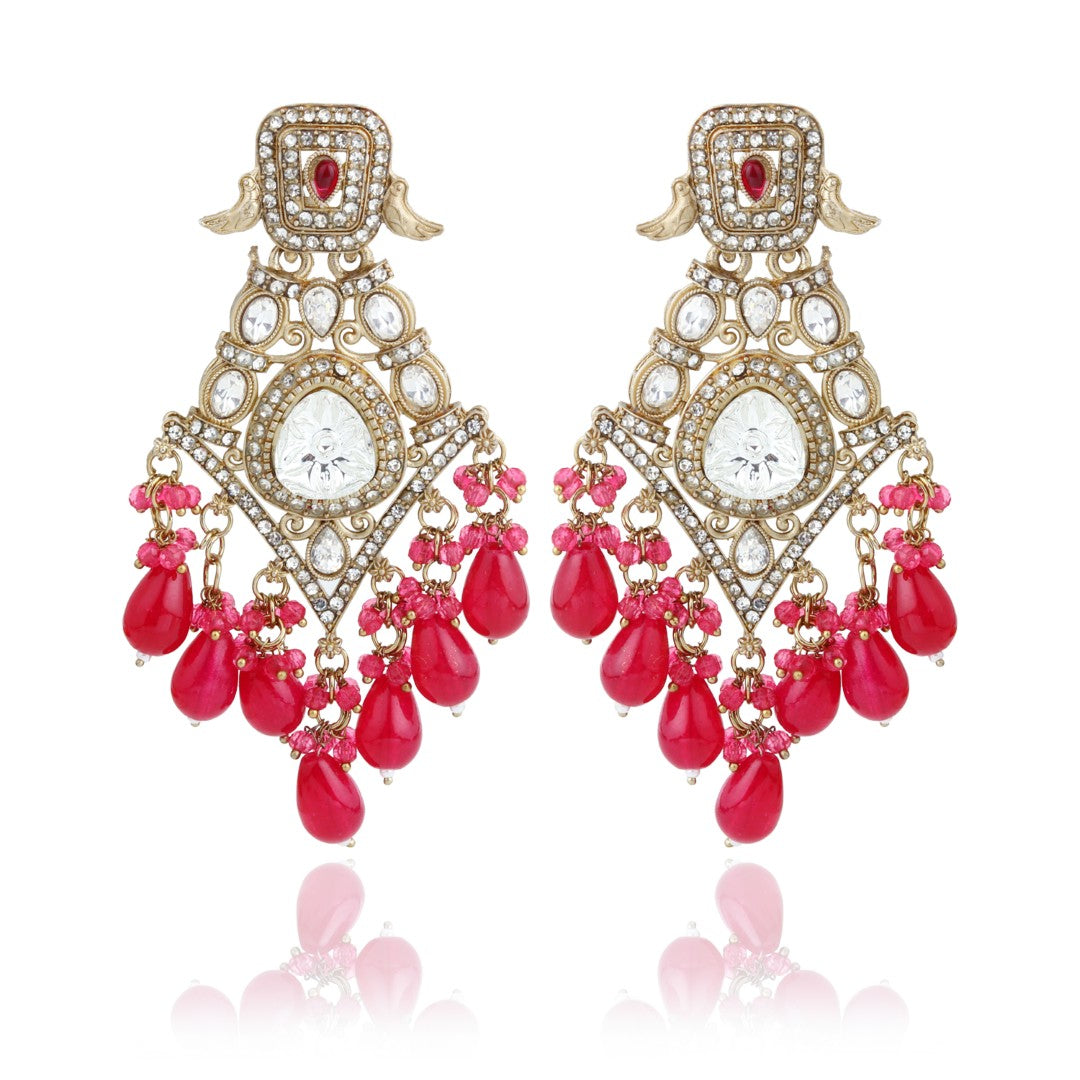 Gold-Toned Kundan Chandelier Earrings with Red Bead Drops