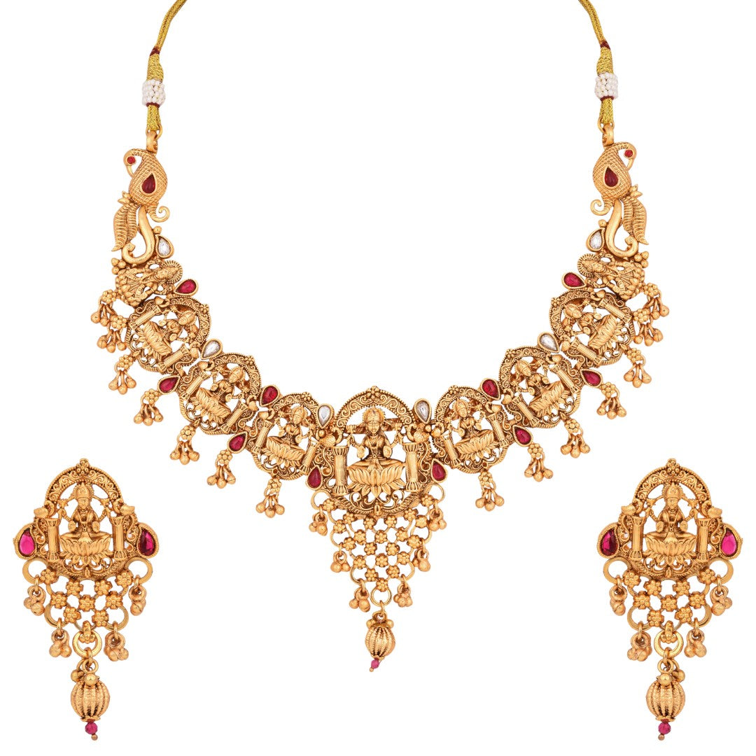 Laxmi Temple Necklace Set with Red stones
