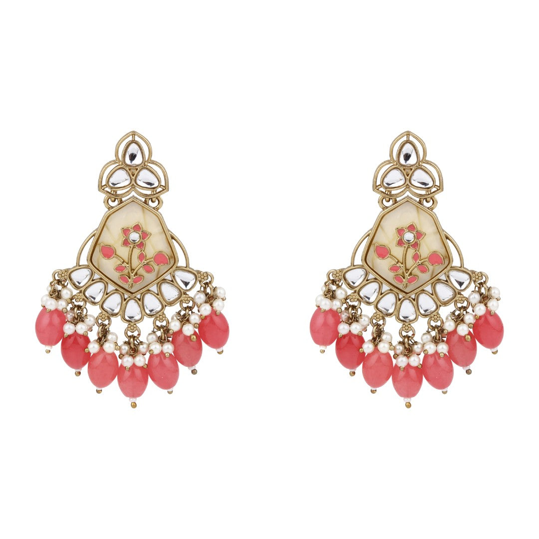 Contemporary kundan, MOP & Meenakari chandbali Earring - coral