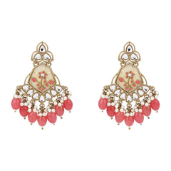 Contemporary kundan, MOP & Meenakari chandbali Earring - coral