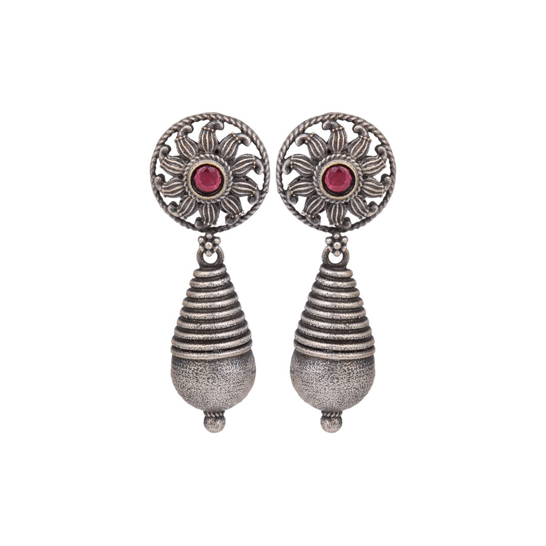 Oxidized Sun Motif Ruby Drop Earrings