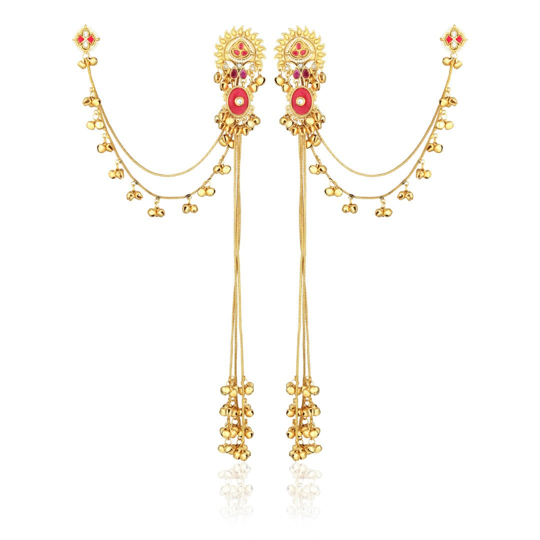 Gold plated, long Kashmiri earring with Ear chains Red