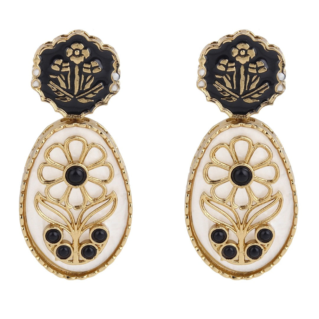 MOP Meenakari Floral Drop Earrings - Black