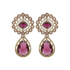 Gold plated Flower Stud with tear drop earring - Wine