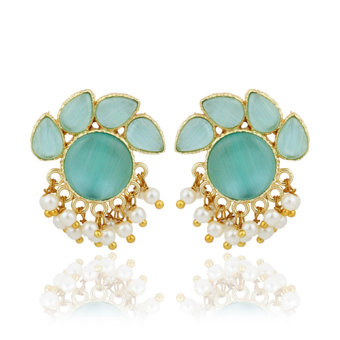 Stone Gold-Toned Earrings with Pearl Drops - Blue