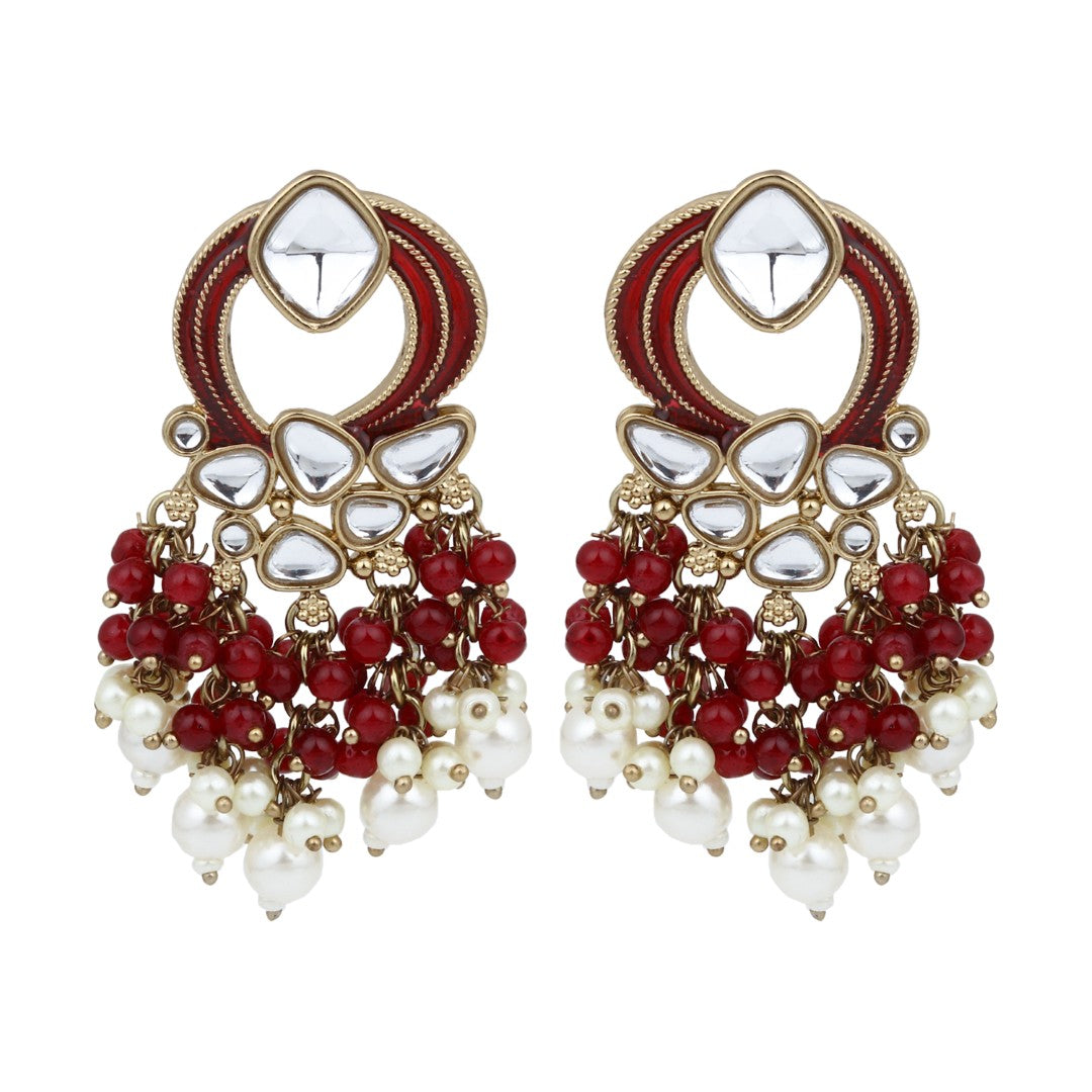 Gold-Plated Meenakari Stud Earrings with Kundan & Pearl Cluster drops - Red