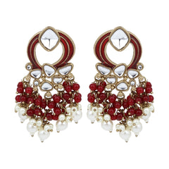Gold-Plated Meenakari Stud Earrings with Kundan & Pearl Cluster drops - Red