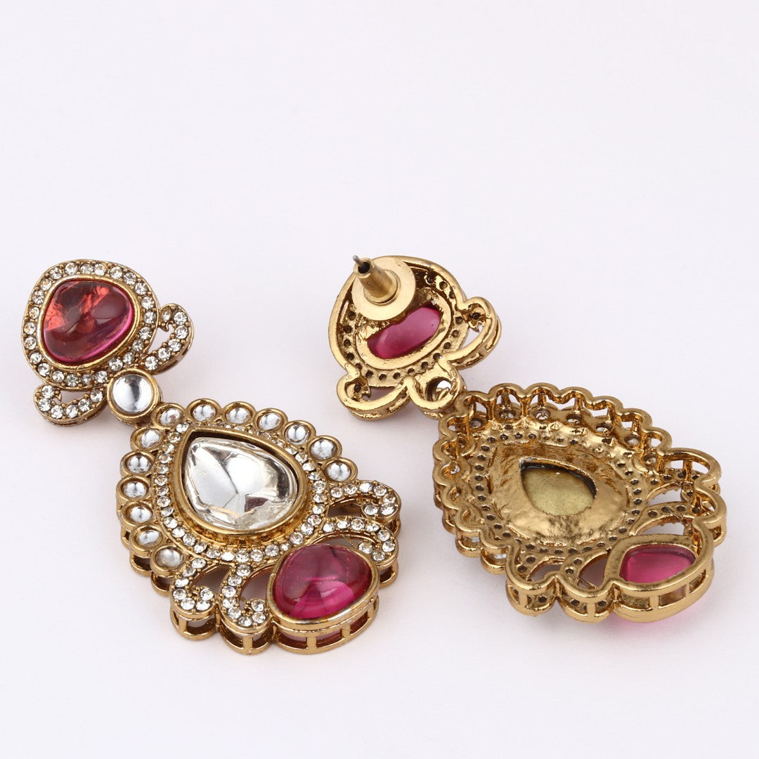 Gold plated kundan Pear shaped Drop Earrings Pink