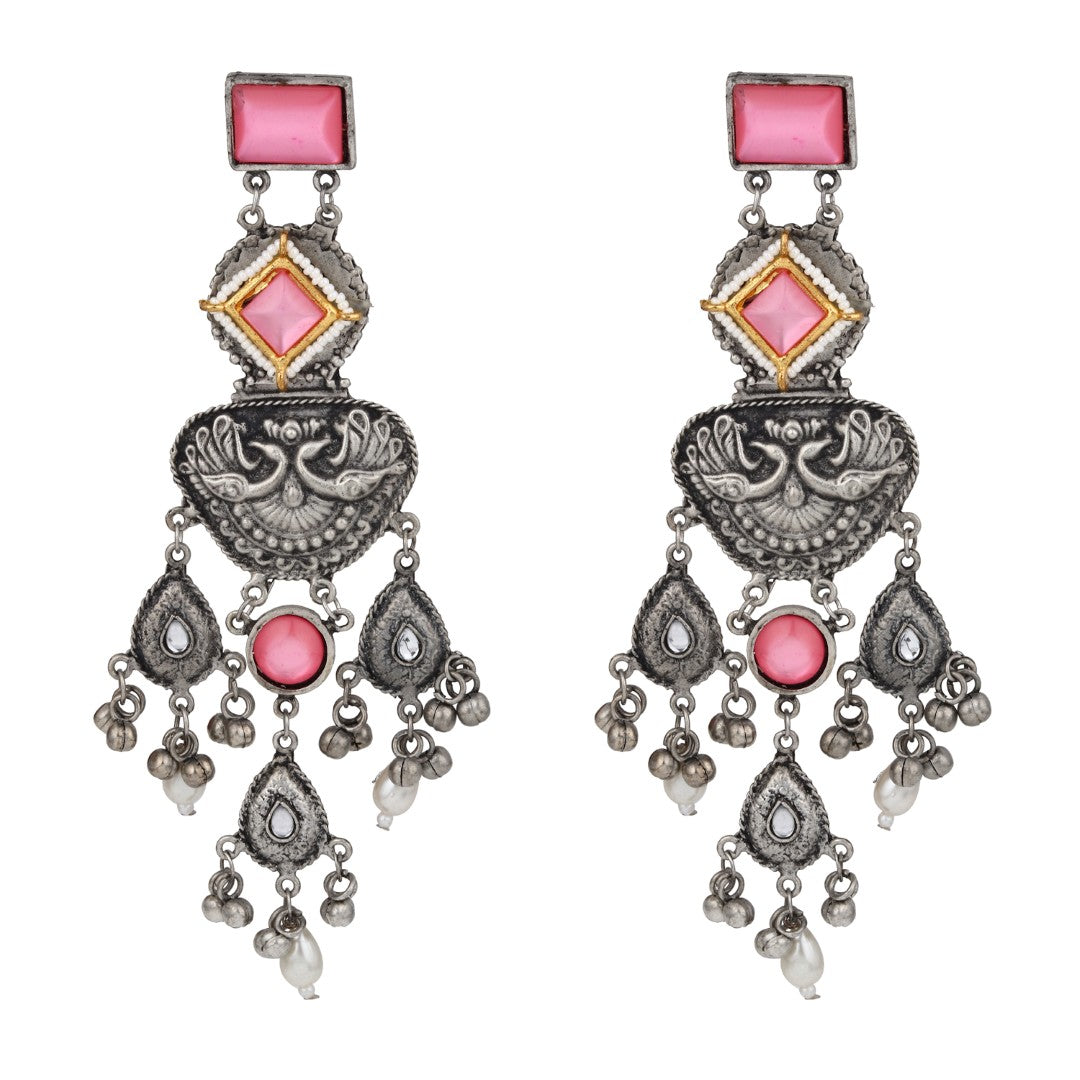 Silver oxydised lightweight long Drop Earring with Pink Stone
