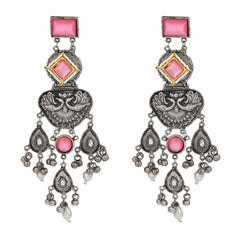 Silver oxydised lightweight long Drop Earring with Pink Stone