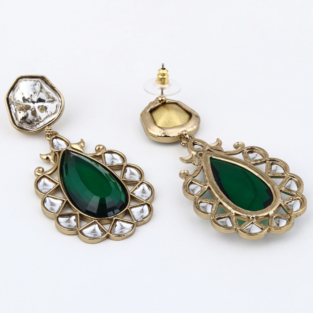 Gold-Plated Emerald Green Kundan Teardrop Earrings for Women