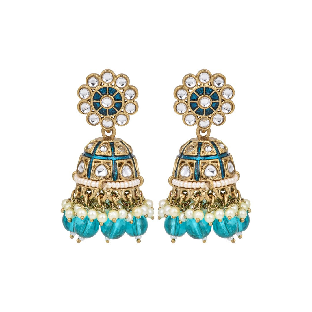 Gold plated kundan & Blue Meenakari Jhumka Earring