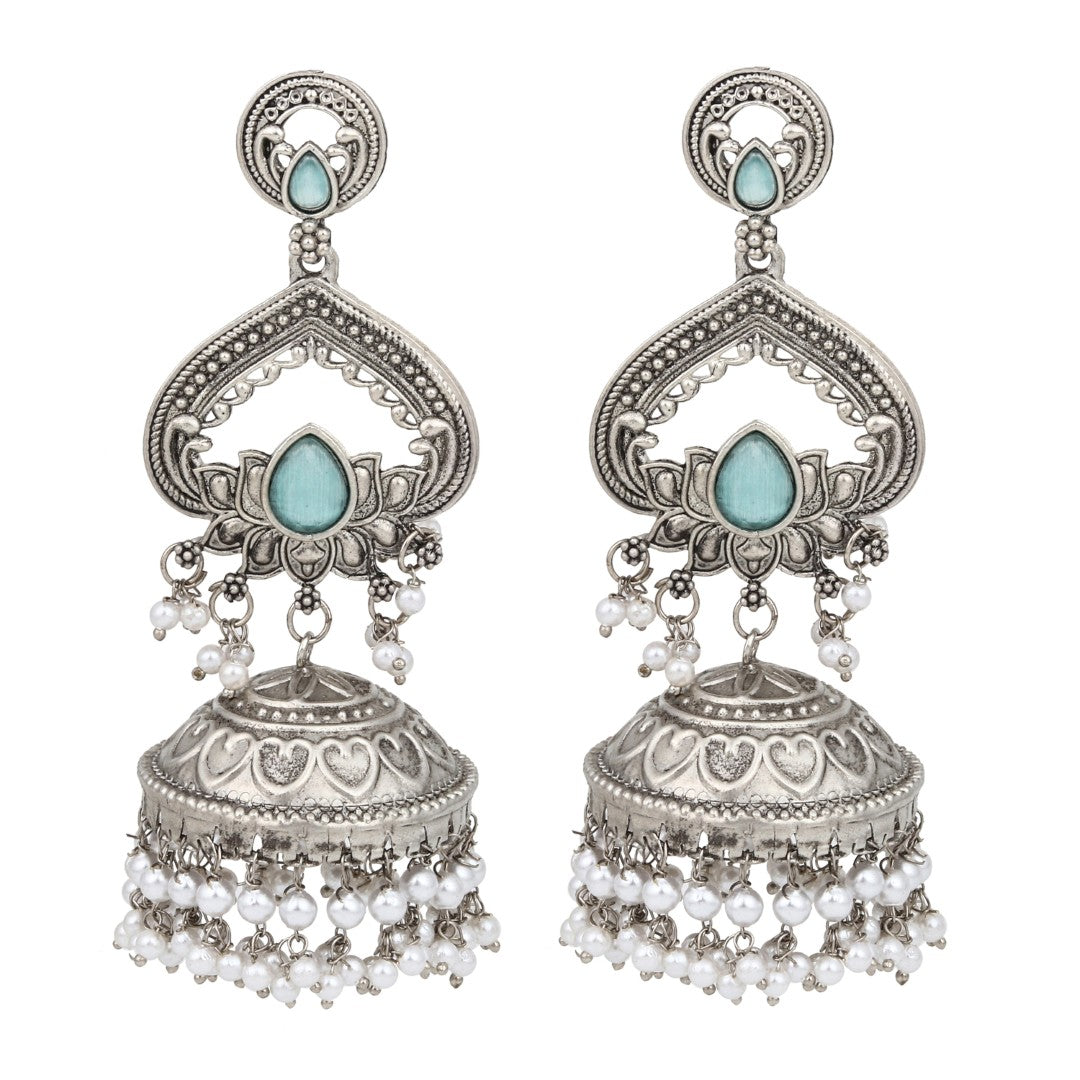 Silver plated long Jhumka - Blue