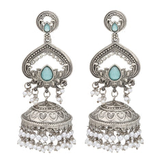 Silver plated long Jhumka - Blue