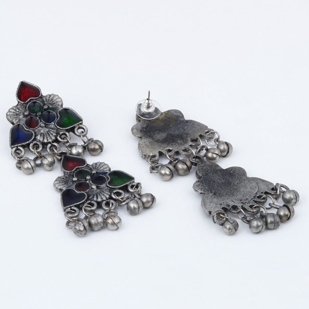 Silver Oxidised Finish Meenakari Necklace Set