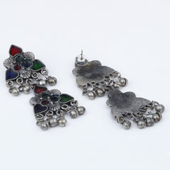 Silver Oxidised Finish Meenakari Necklace Set