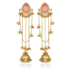 Gold Pink Meenakari Jhumka Drop Earrings