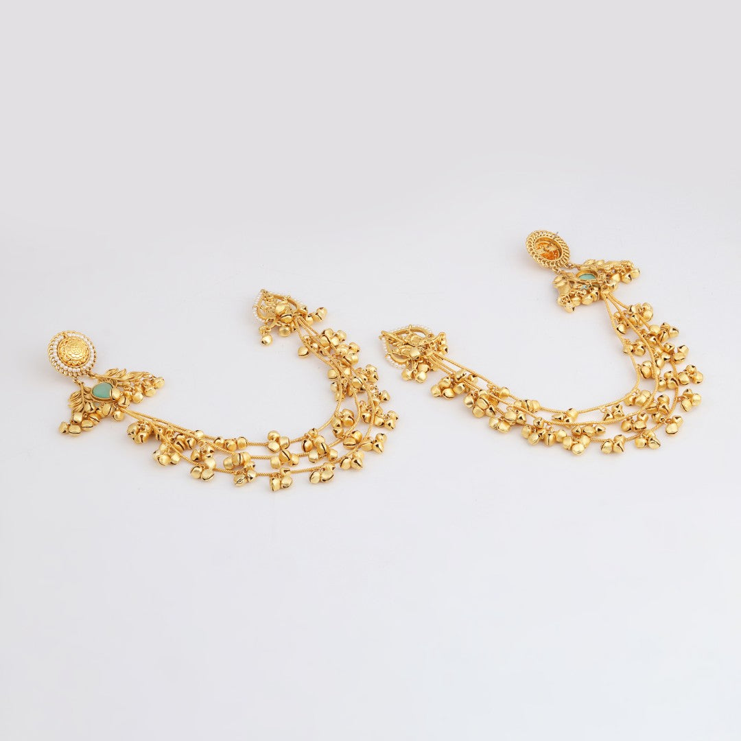 Gold plated Studs Earring with Ear chains Green