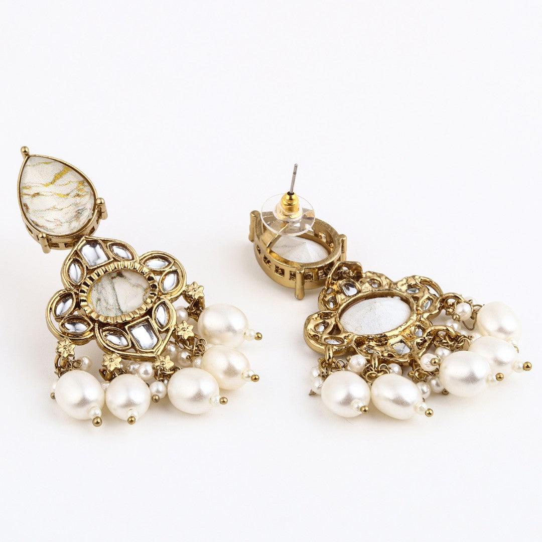 Gold-Plated White Kundan Chandelier Earrings with Bead Drops