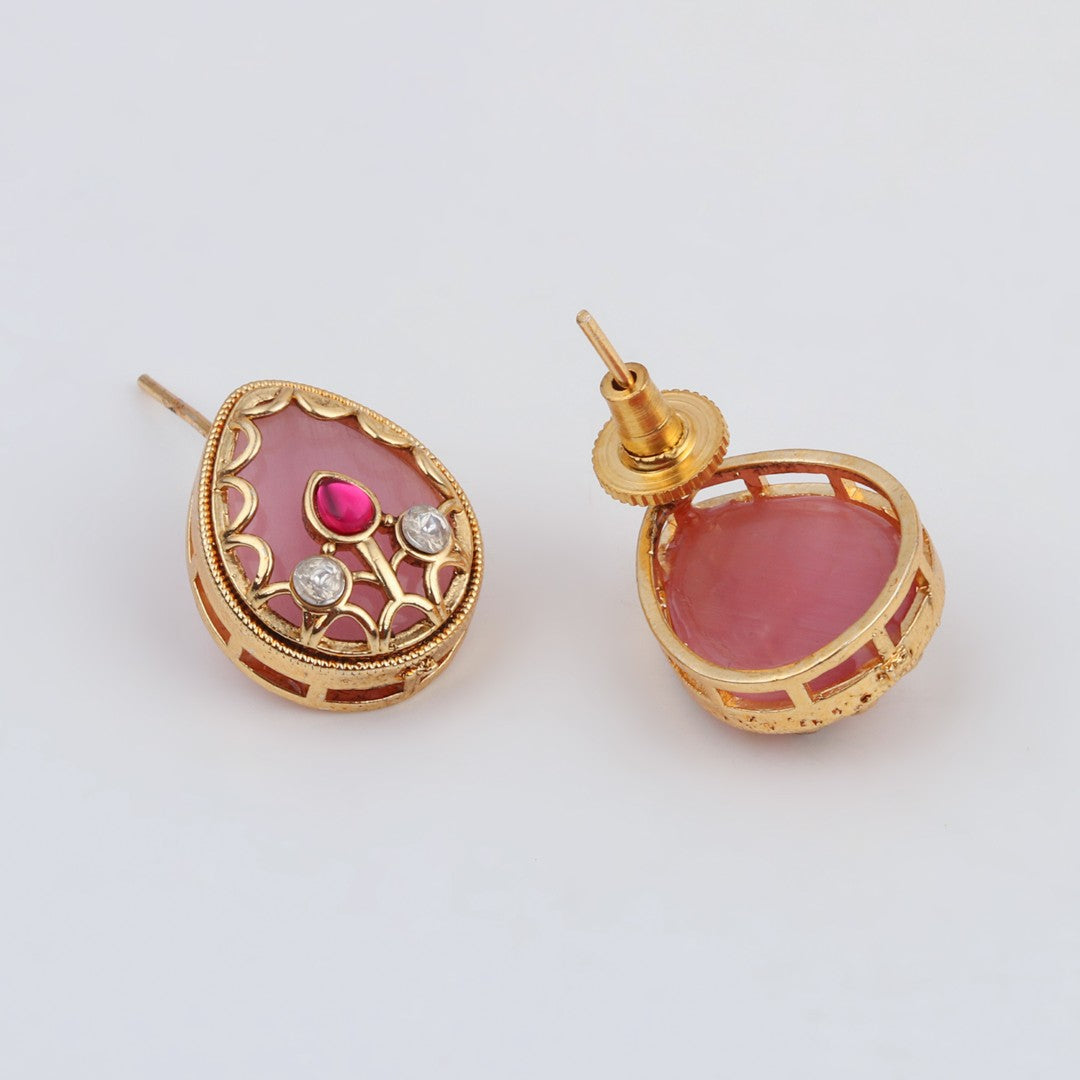 Tear drop Stone Kundan Pendant Necklace & Stud Earrings Set Pink
