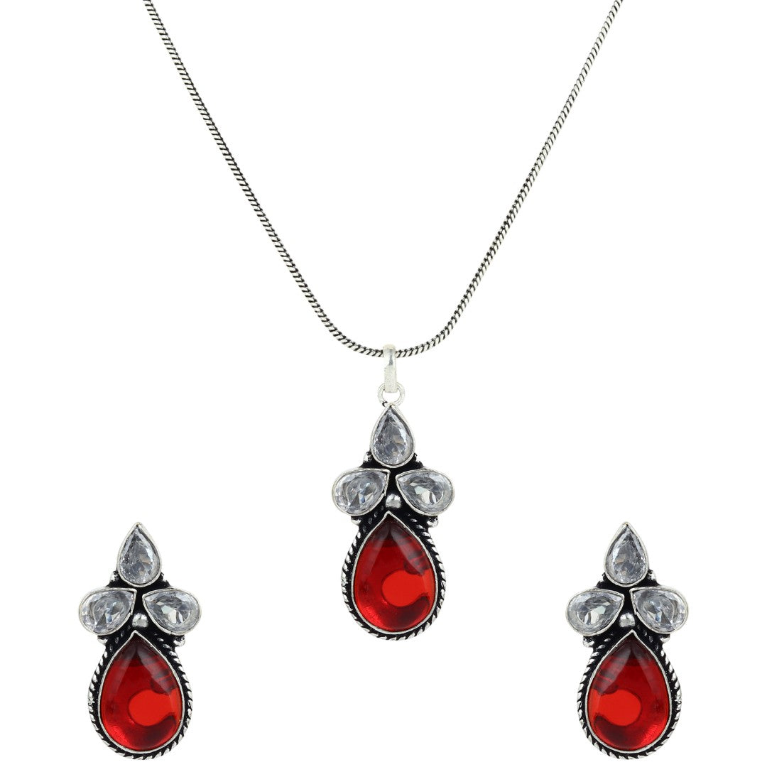Silver Oxidised finish Red AD pendant Set