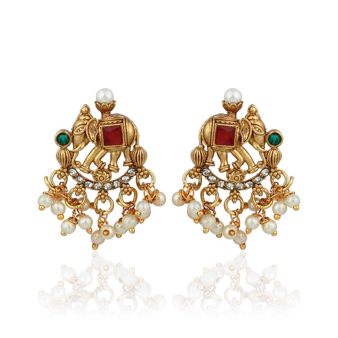Ruby Pearl Filigree Elephant Necklace Earrings Set
