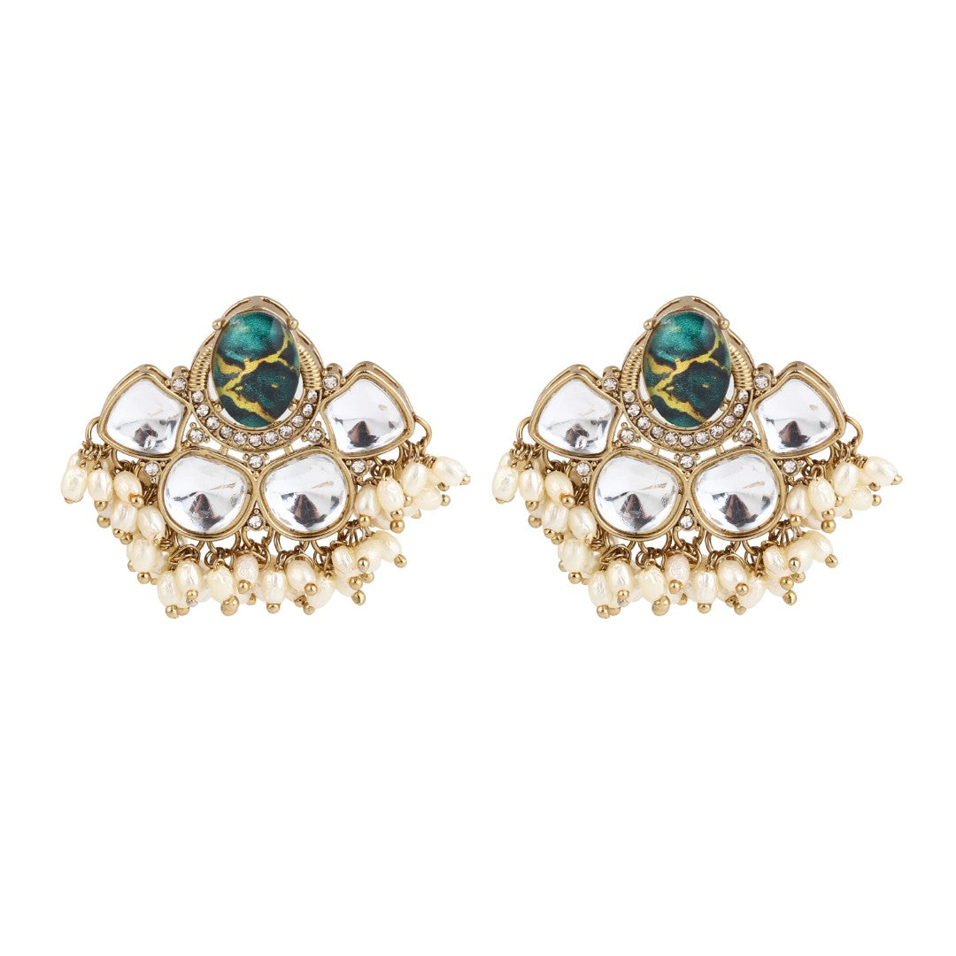 Gold-Plated Green Kundan Half Chandbali Earrings