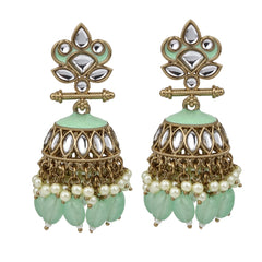 Gold plated Kundan & Meenakari Jhumka Earrings - sage green
