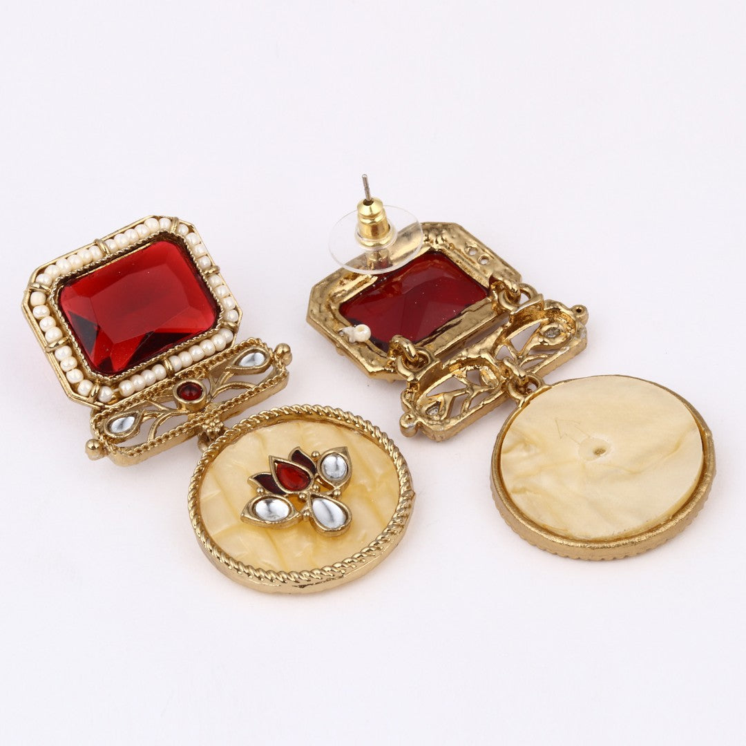 Gold-Plated Geometric Drop Earrings with MOP Filigree Red