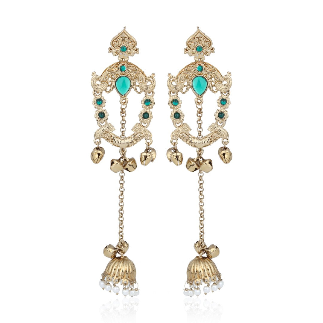 Green Kundan Chandbali Jhumka Drop Earrings