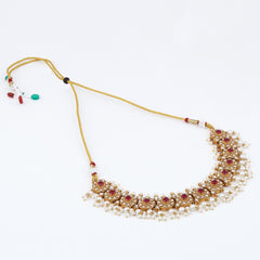 Gold-Plated Kemp Stone Necklace Set with Jhumka Earrings Red