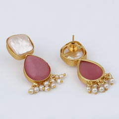 Gold-Plated Drop Earrings with Monalisa Stone & Baroque Pearl
