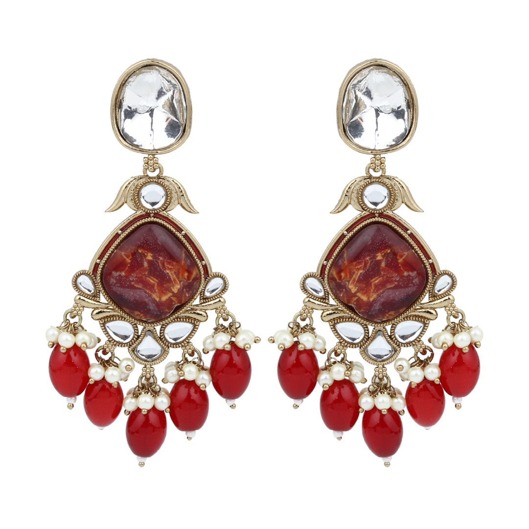 Gold plated two tone Pear shaped stone drop earring - Red