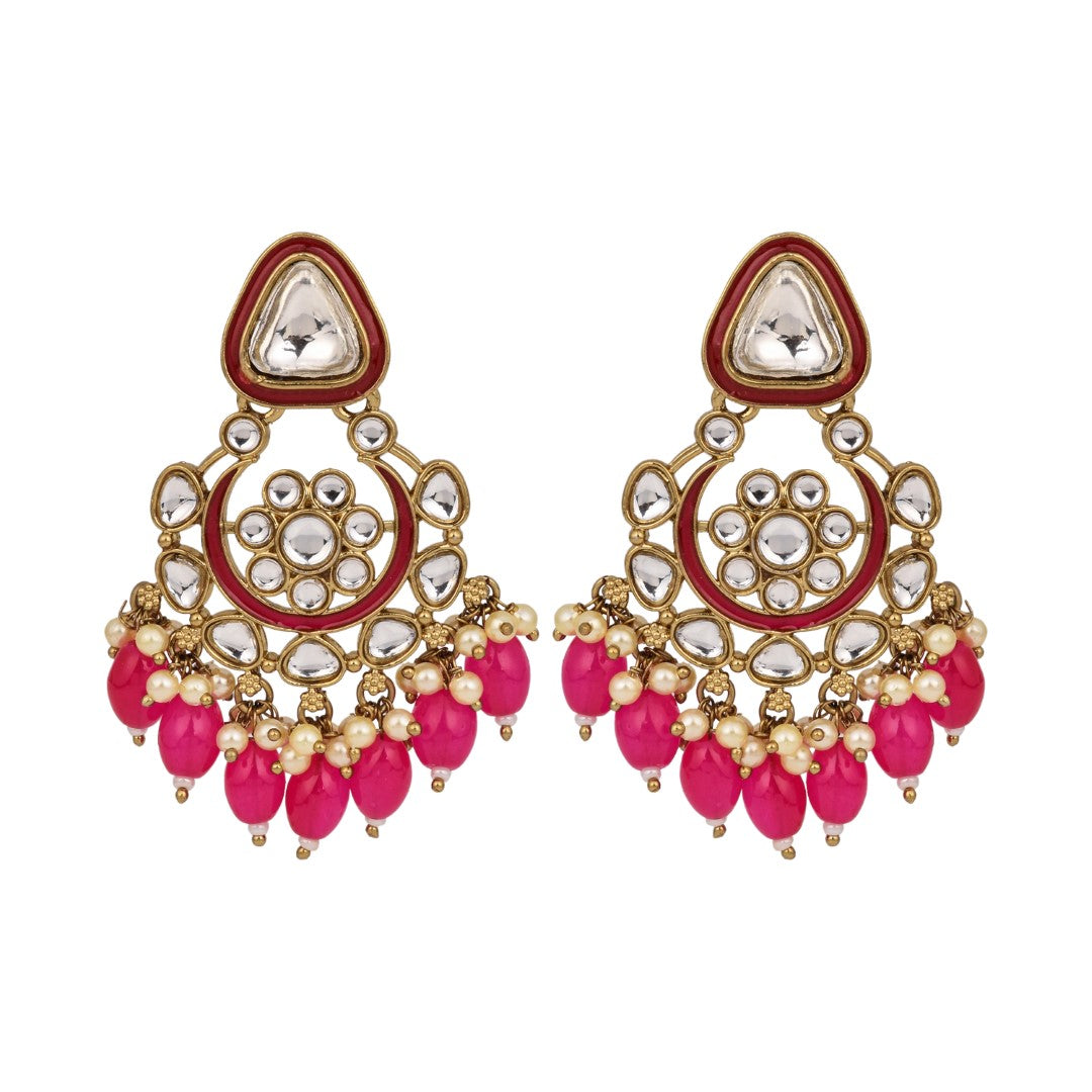 Gold plated kundan & Meenakari Chandbali Earring Pink