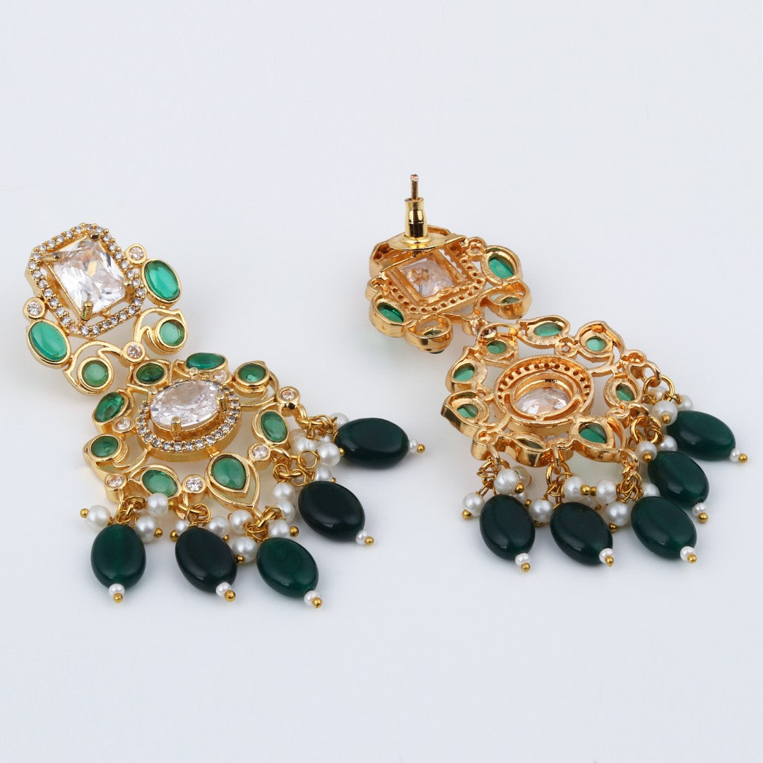 Gold plated Kundan & AD stone chandbali bali - Green