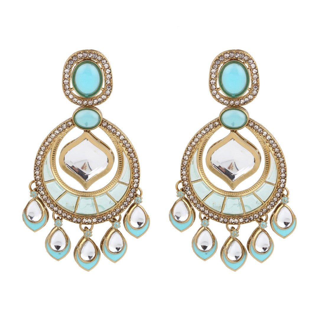 Kundan Chandbali Earrings with Teardrop Danglers- Blue